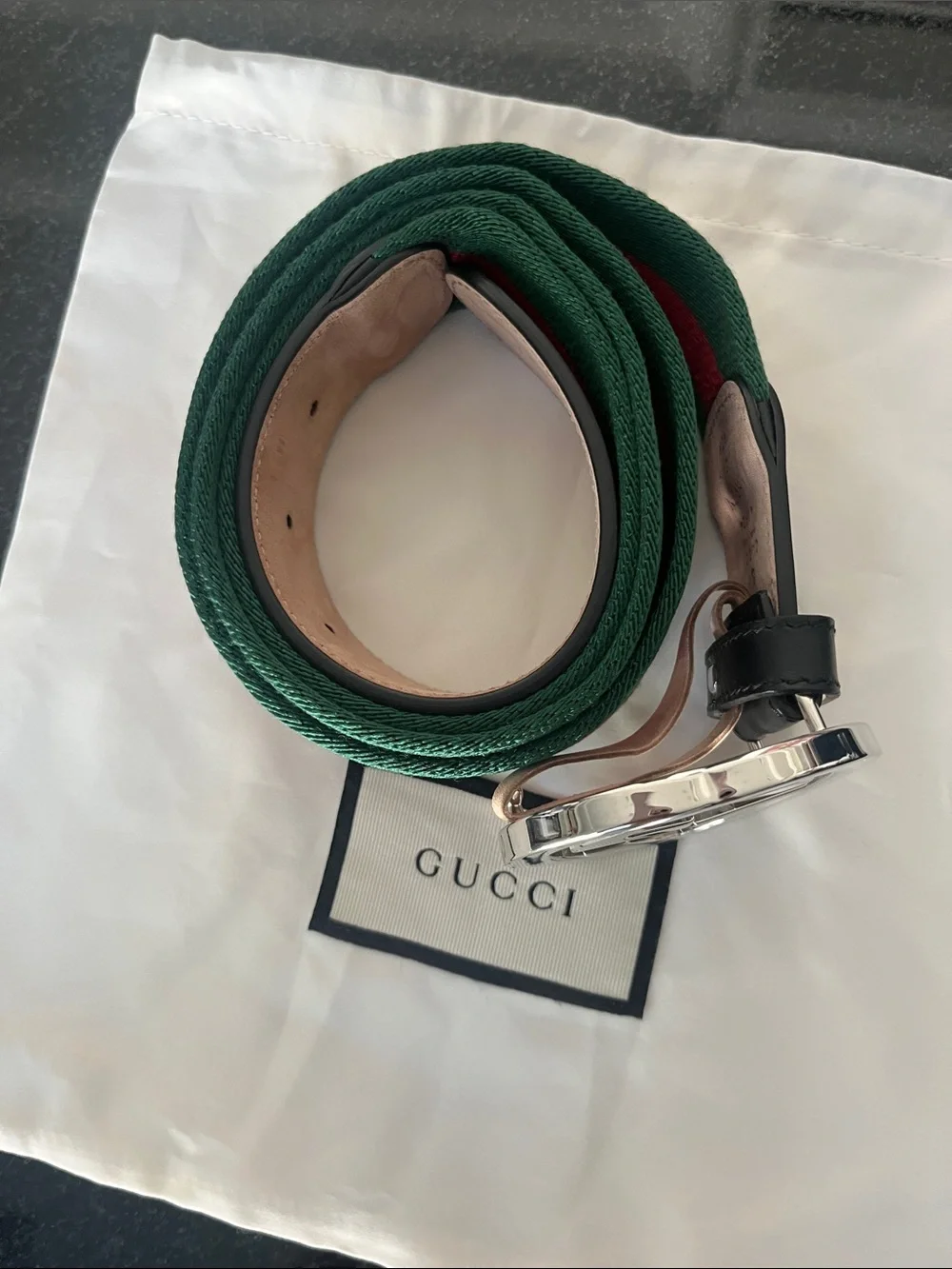 Gucci 411924 H917N Belt Black Leather / Fabric with Polished Silver Buckle